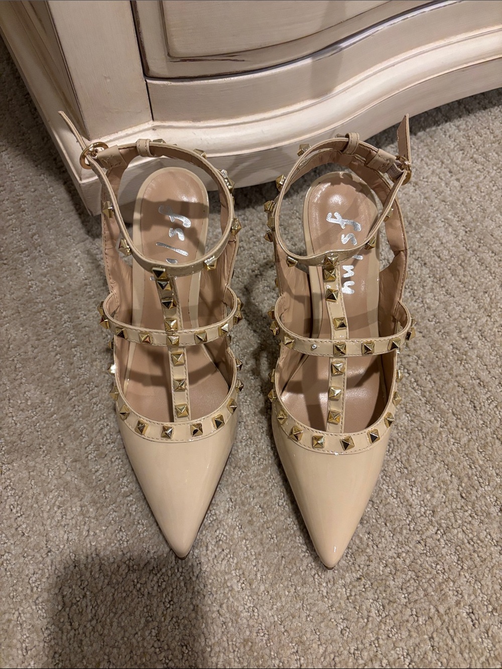Beige Studded T-Strap Pointed-Toe Pumps - Women